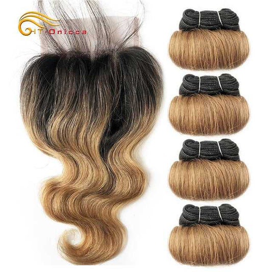 A set of hair extensions with closure, showcasing loose wave texture in burgundy color, packaged in four bundles.