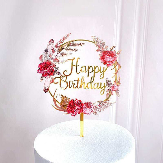 Elegant Golden Flowers Happy Birthday Cake Topper