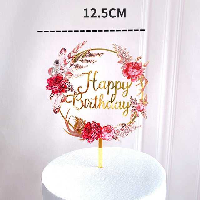 Elegant Golden Flowers Happy Birthday Cake Topper