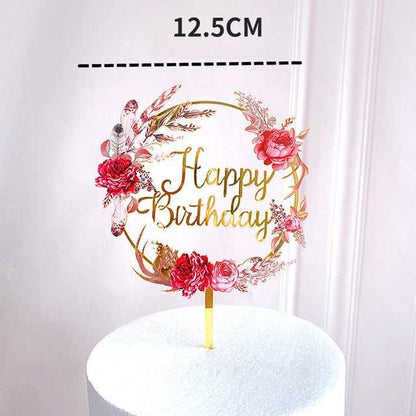 Elegant Golden Flowers Happy Birthday Cake Topper