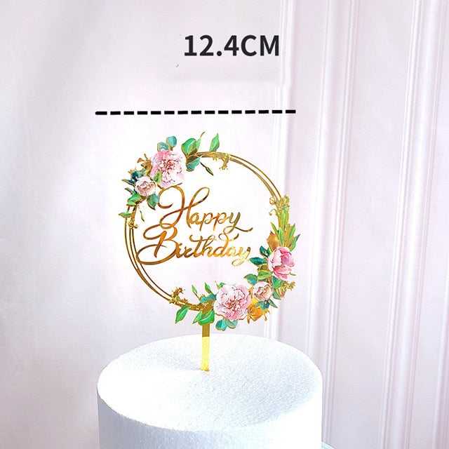 Elegant Golden Flowers Happy Birthday Cake Topper