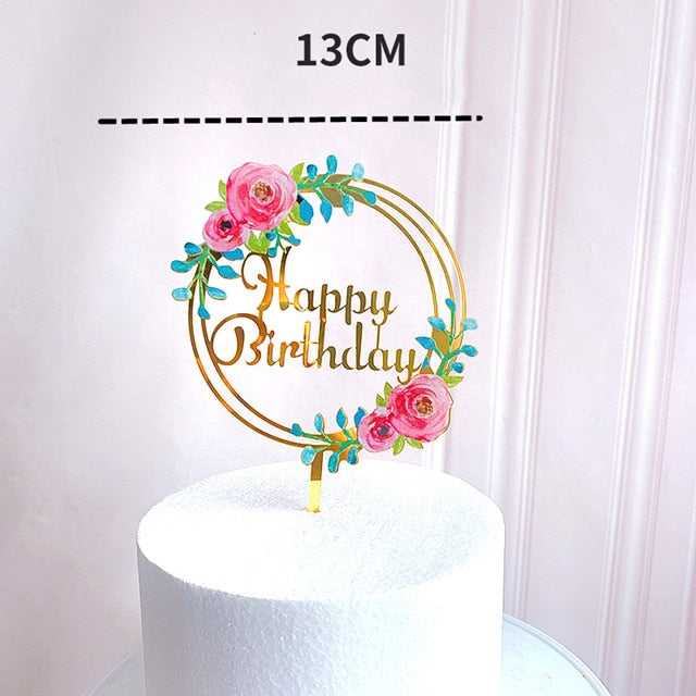 Elegant Golden Flowers Happy Birthday Cake Topper