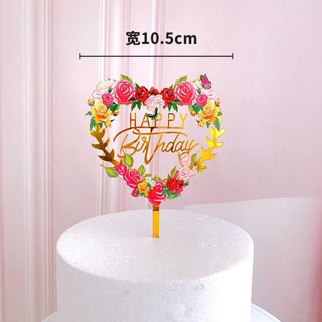 Elegant Golden Flowers Happy Birthday Cake Topper