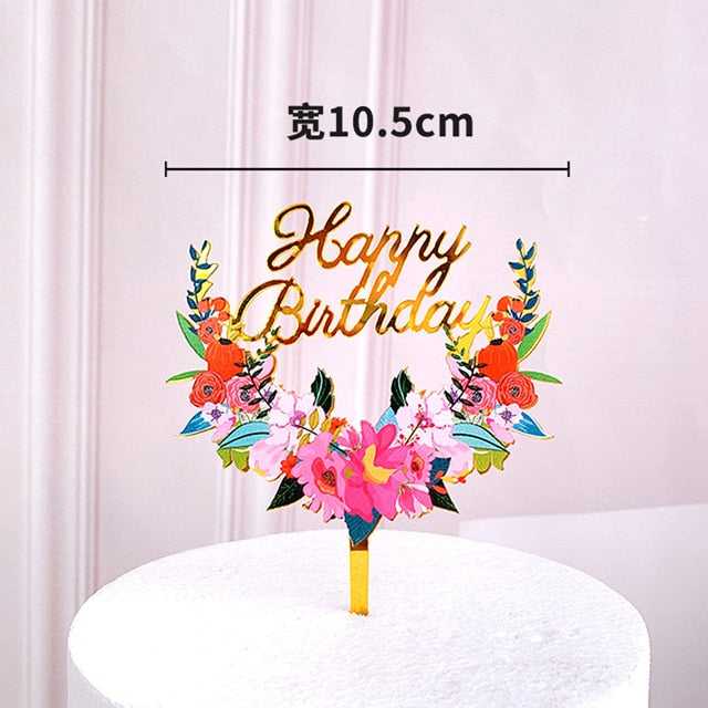 Elegant Golden Flowers Happy Birthday Cake Topper