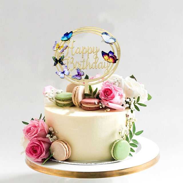 Elegant Golden Flowers Happy Birthday Cake Topper