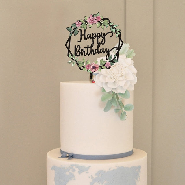 Elegant Golden Flowers Happy Birthday Cake Topper