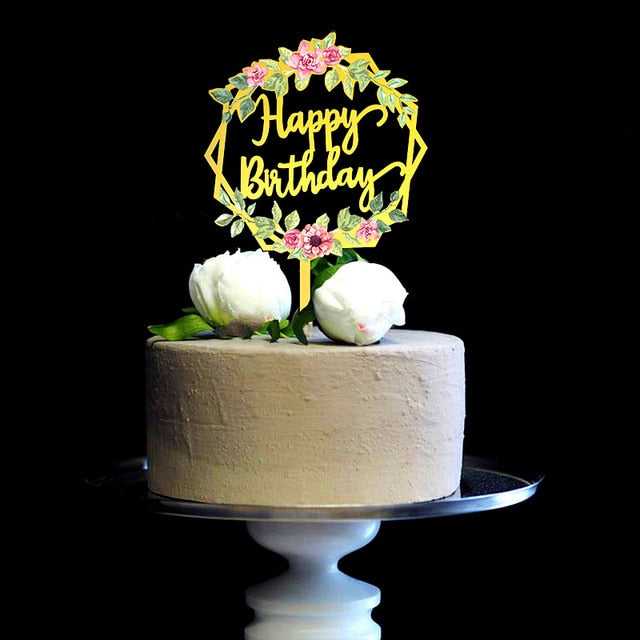 Elegant Golden Flowers Happy Birthday Cake Topper