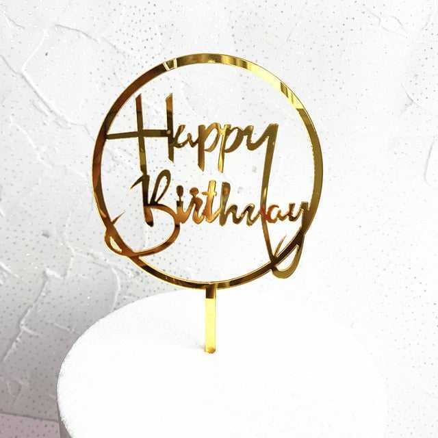 Elegant Golden Flowers Happy Birthday Cake Topper