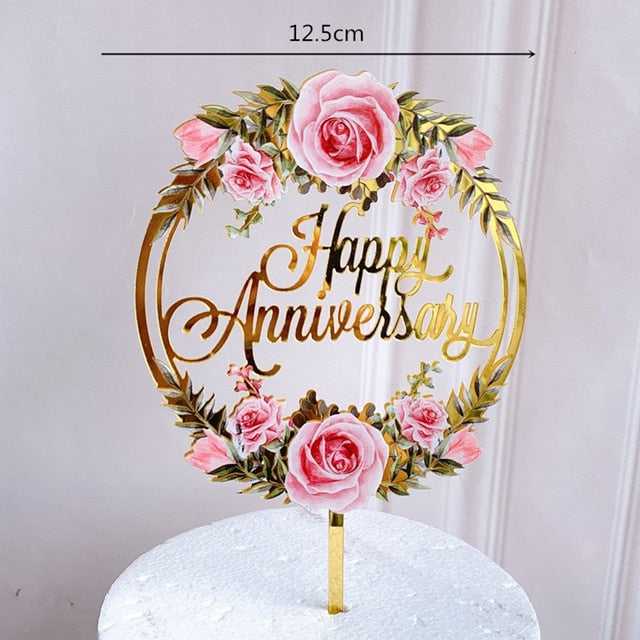 Elegant Golden Flowers Happy Birthday Cake Topper