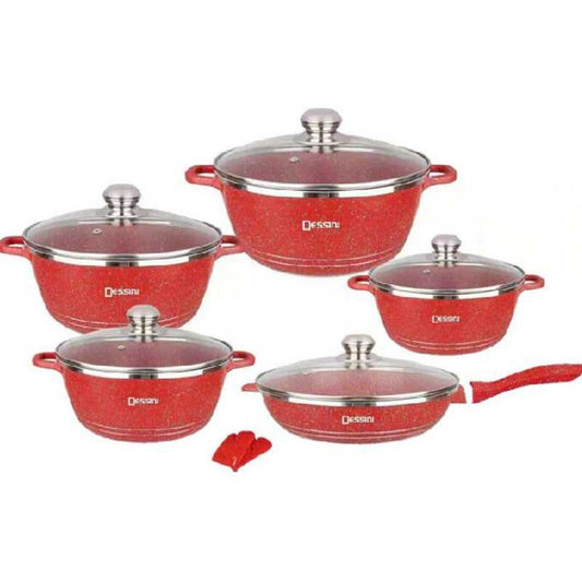 Set of eco-friendly non-stick cookware, including frying pans, pots, and woks with ergonomic handles.