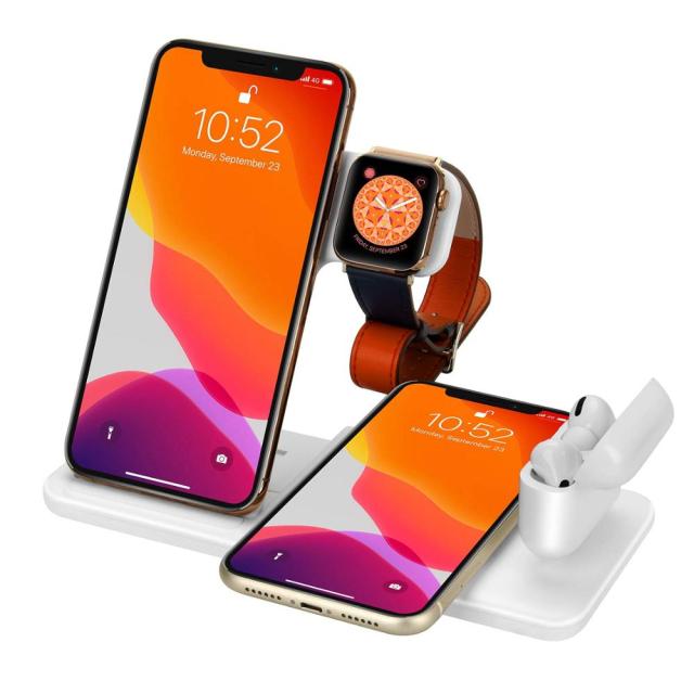 Sleek PowerHub 3-in-1 Charging Station powering iPhone, Apple Watch, and AirPods simultaneously