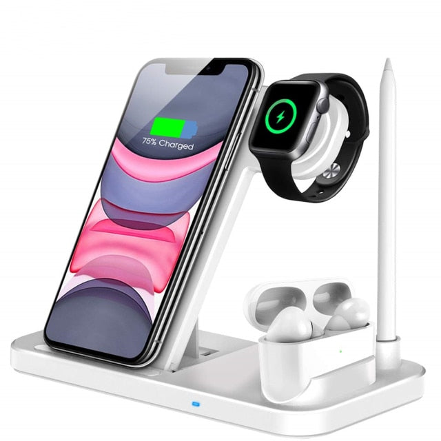 Sleek PowerHub 3-in-1 Charging Station powering iPhone, Apple Watch, and AirPods simultaneously