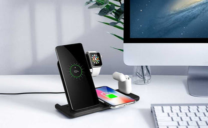 Sleek PowerHub 3-in-1 Charging Station powering iPhone, Apple Watch, and AirPods simultaneously