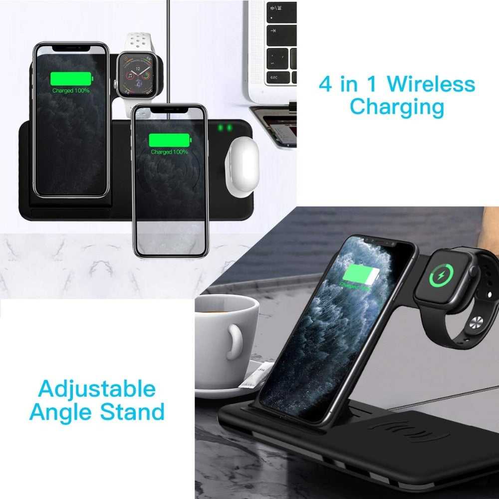 Sleek PowerHub 3-in-1 Charging Station powering iPhone, Apple Watch, and AirPods simultaneously