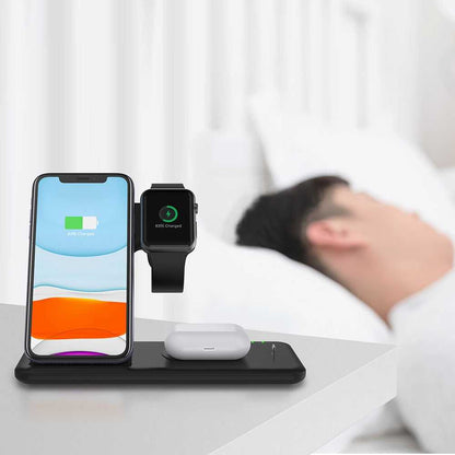 Sleek PowerHub 3-in-1 Charging Station powering iPhone, Apple Watch, and AirPods simultaneously