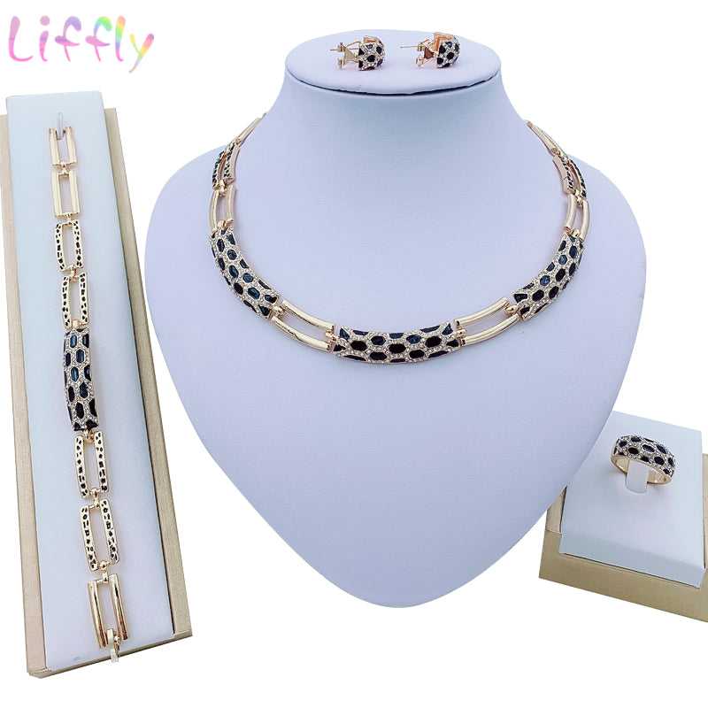 Elegant Luxury Bridal Gold Jewelry Set - Necklace, Earrings, Bracelet, and Ring